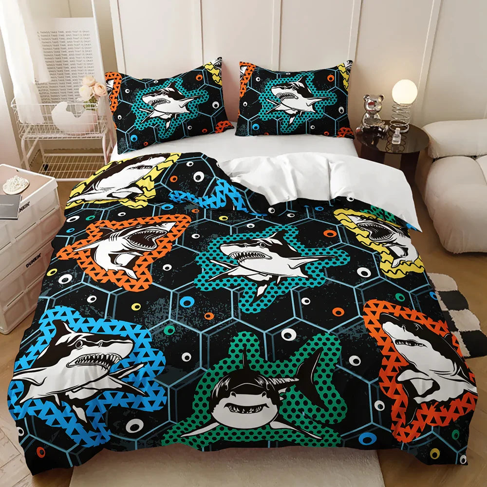 Shark print quilt cover set with colorful hexagon patterns, bold marine design for kids' bedroom bedding
