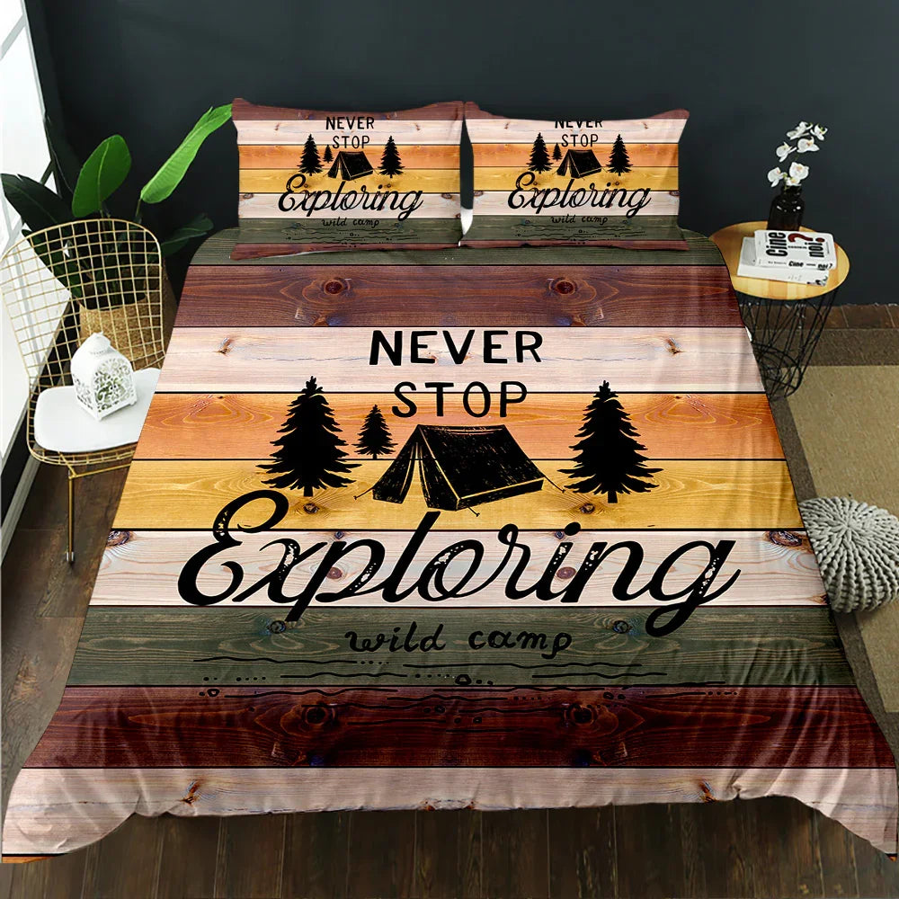Never Stop Exploring wild camp quilt cover set with rustic wood and tent design
