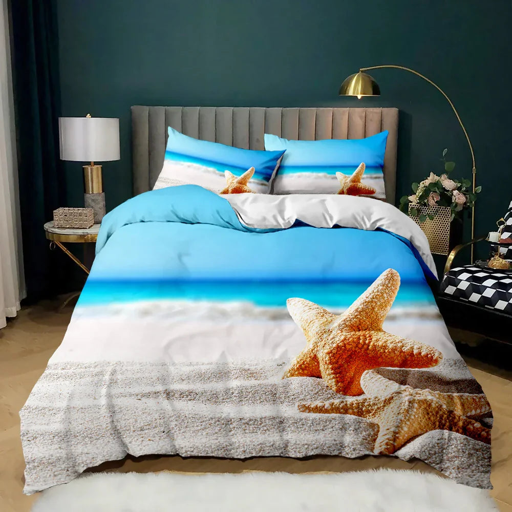 Beach-themed quilt cover set with starfish on sandy shore, blue ocean waves, and matching pillowcases