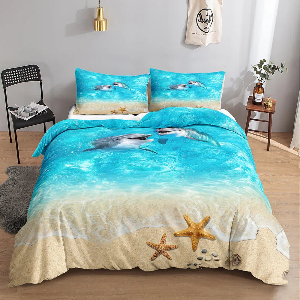 Dolphin beach print quilt cover set with starfish, sandy shore design for coastal bedroom decor