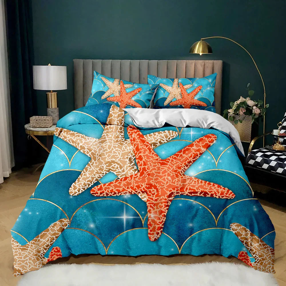 Ocean-themed quilt cover set with starfish and gold scallop patterns on teal background