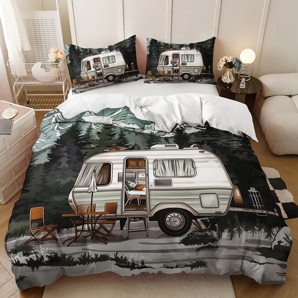 Retro camper van quilt cover set with forest and mountain scenery, cozy bedding design