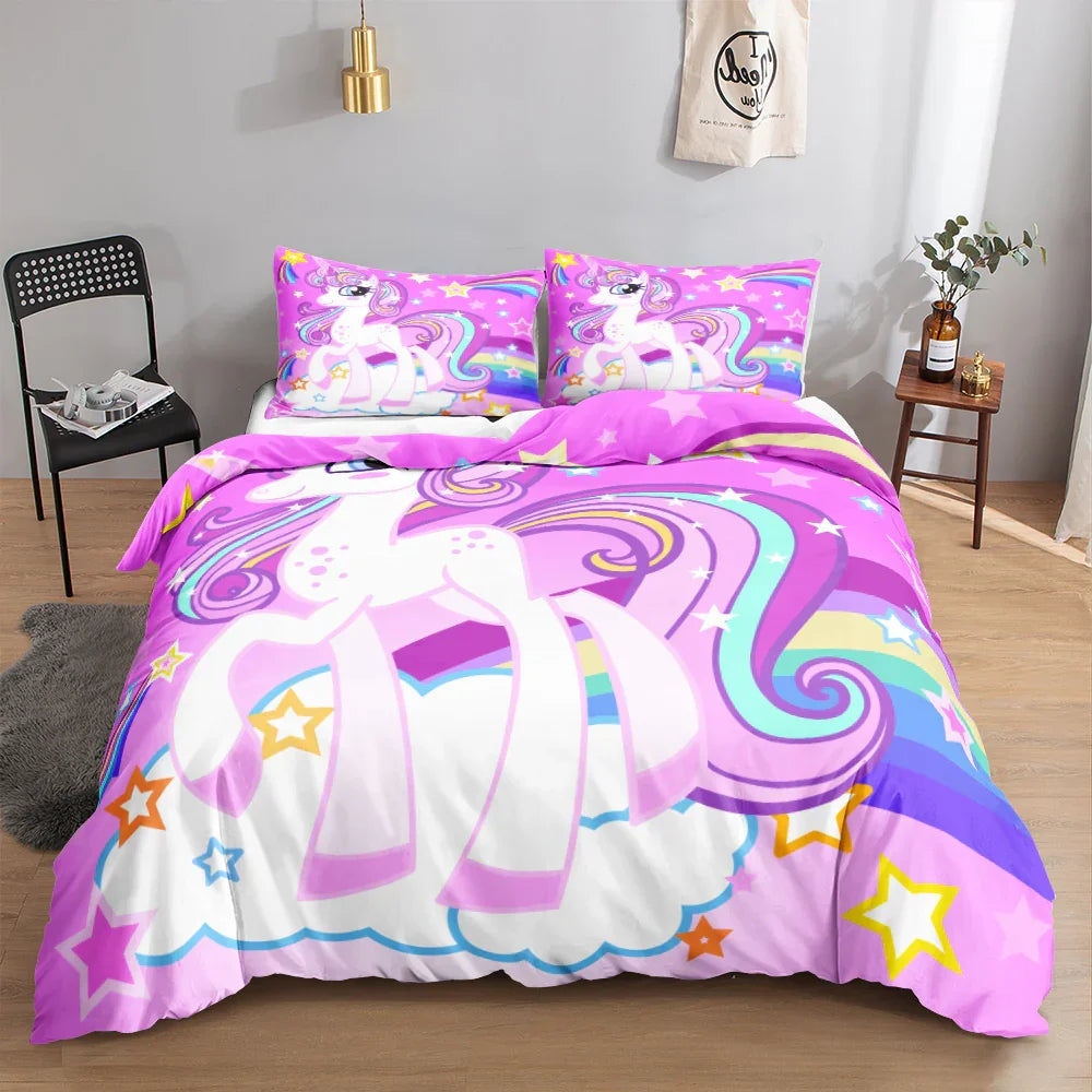 Pink unicorn quilt cover set with rainbow and stars, kids' bedding design
