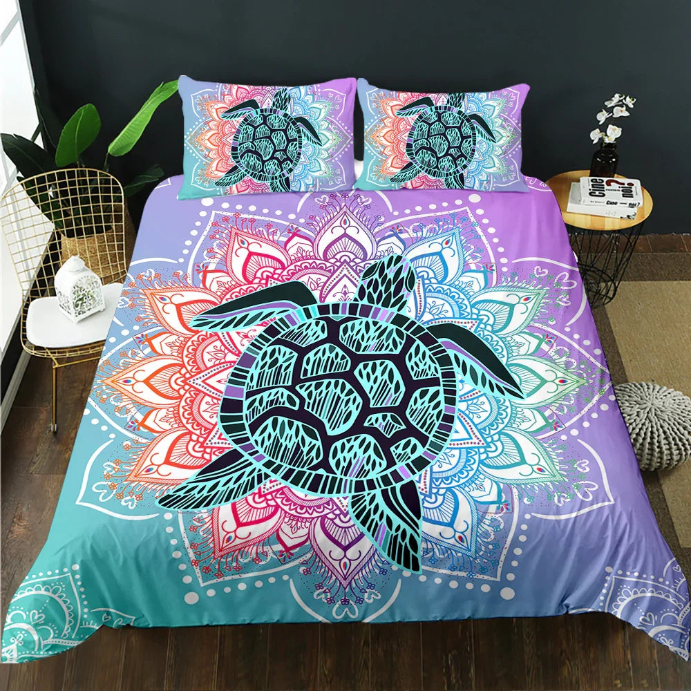 Vibrant turtle mandala quilt cover set with colorful boho design for stylish bedroom decor