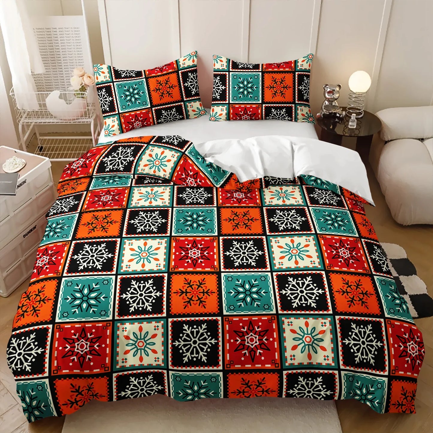 Colorful snowflake quilt cover set with festive patchwork design for cozy bedroom decor
