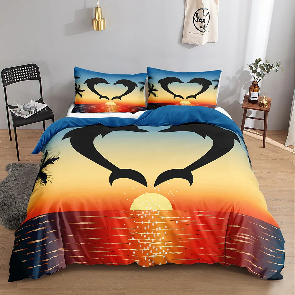 Dolphin heart sunset quilt cover set with palm trees, ocean waves, and vibrant gradient colors for cozy bedroom decor