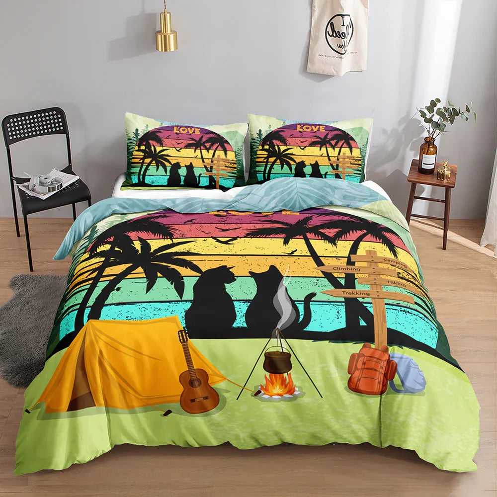 Tropical camping quilt cover set with palm trees, cats, tent, and sunset design for stylish bedroom bedding