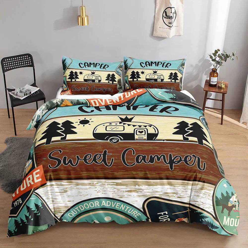 Sweet Camper themed quilt cover set with vintage RV, trees, and outdoor adventure print for cozy bedroom decor