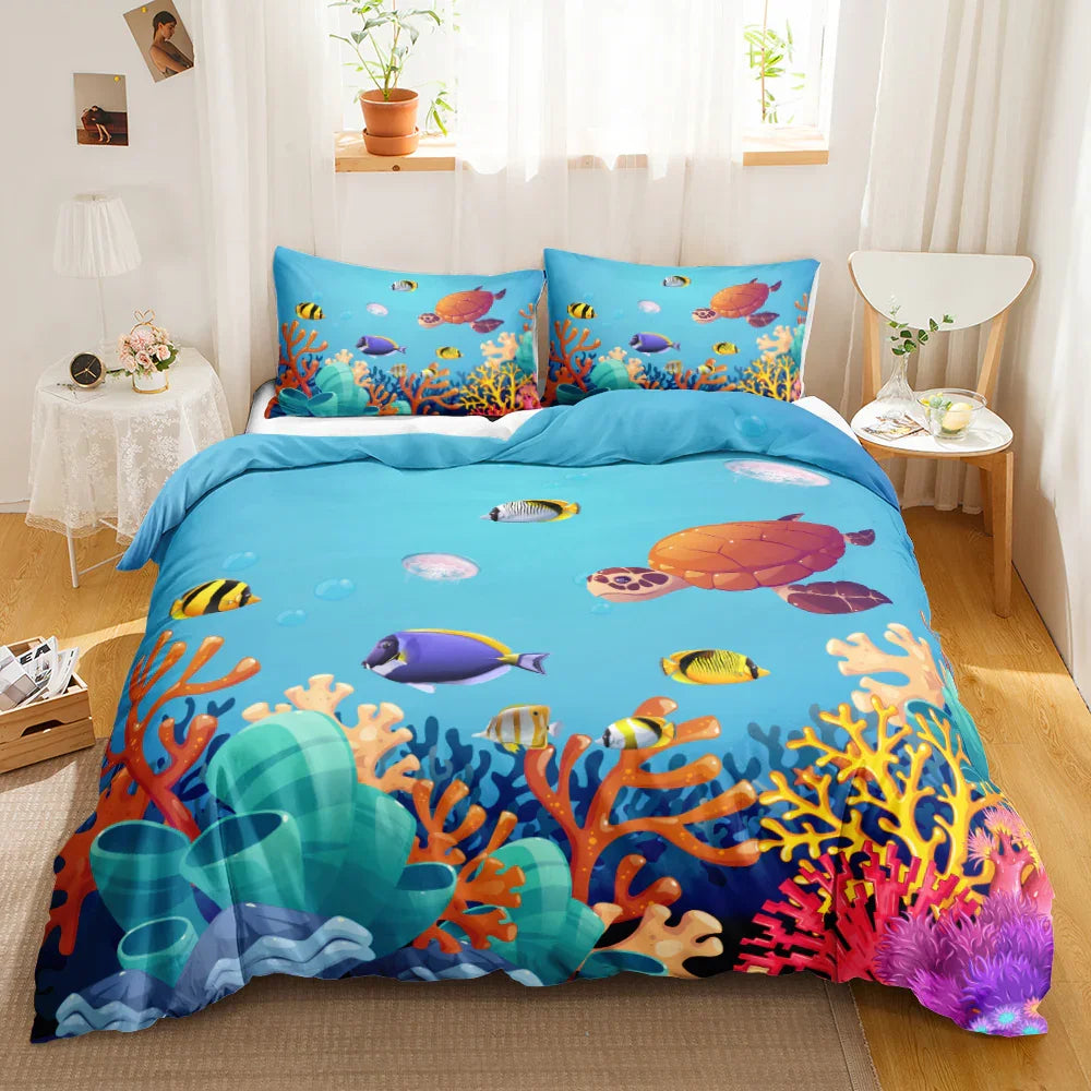 Vibrant underwater coral reef quilt cover set with turtles and tropical fish for stylish bedding