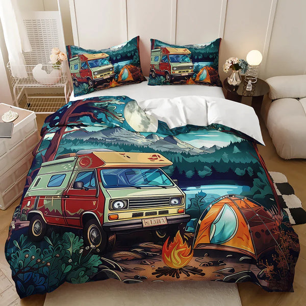 Camping van quilt cover set with tent, campfire, and mountain scene for cozy bedroom bedding