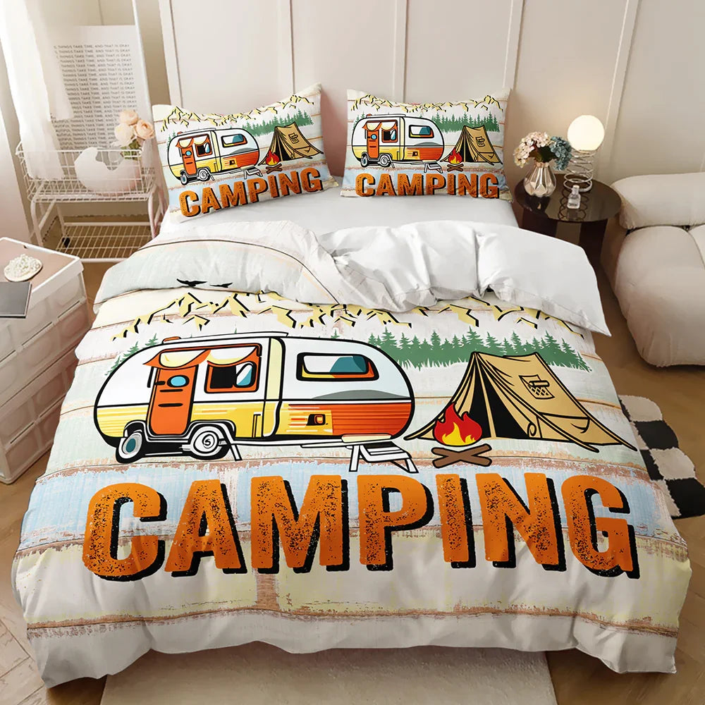 Camping-themed quilt cover set with retro caravan, tent, and campfire design for cozy bedroom decor