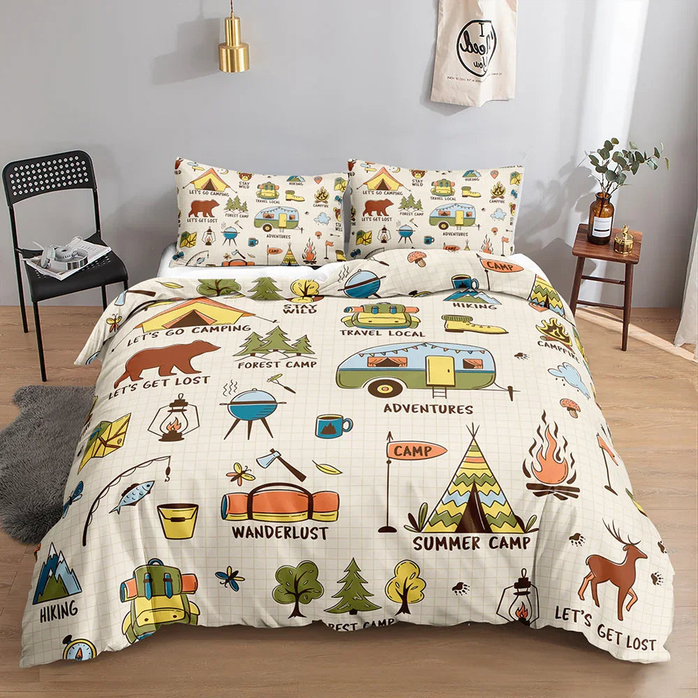 Camping-themed quilt cover set with bears, tents, and adventure icons on grid background