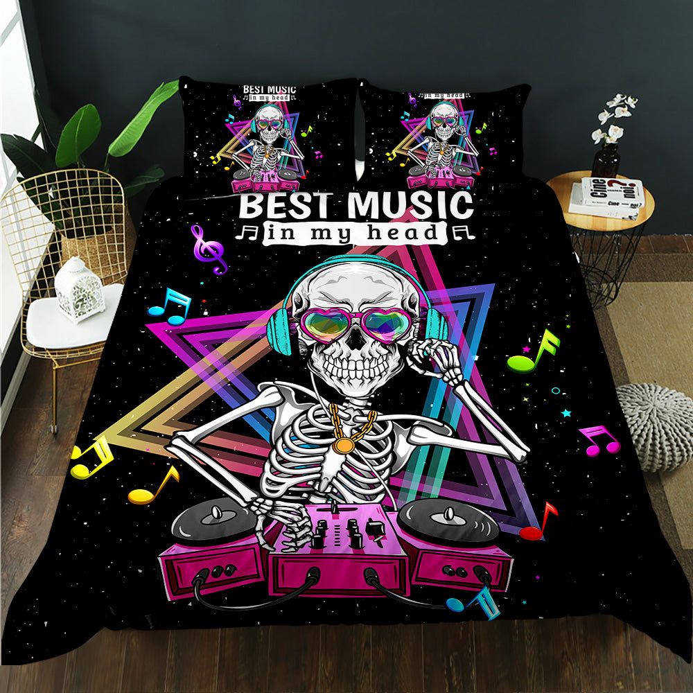 Skeleton DJ with headphones and turntable under neon triangles and music notes on a black quilt cover set