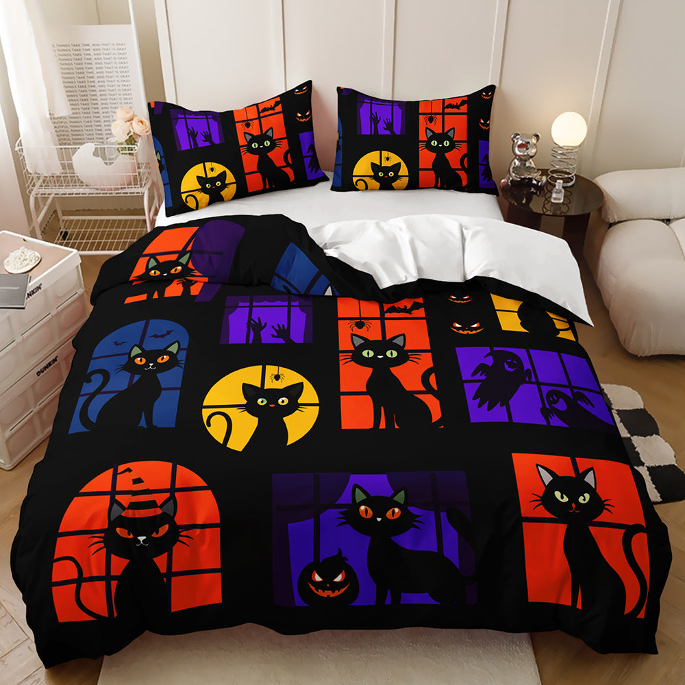 Black cats in colourful glowing windows on a black Halloween quilt cover set