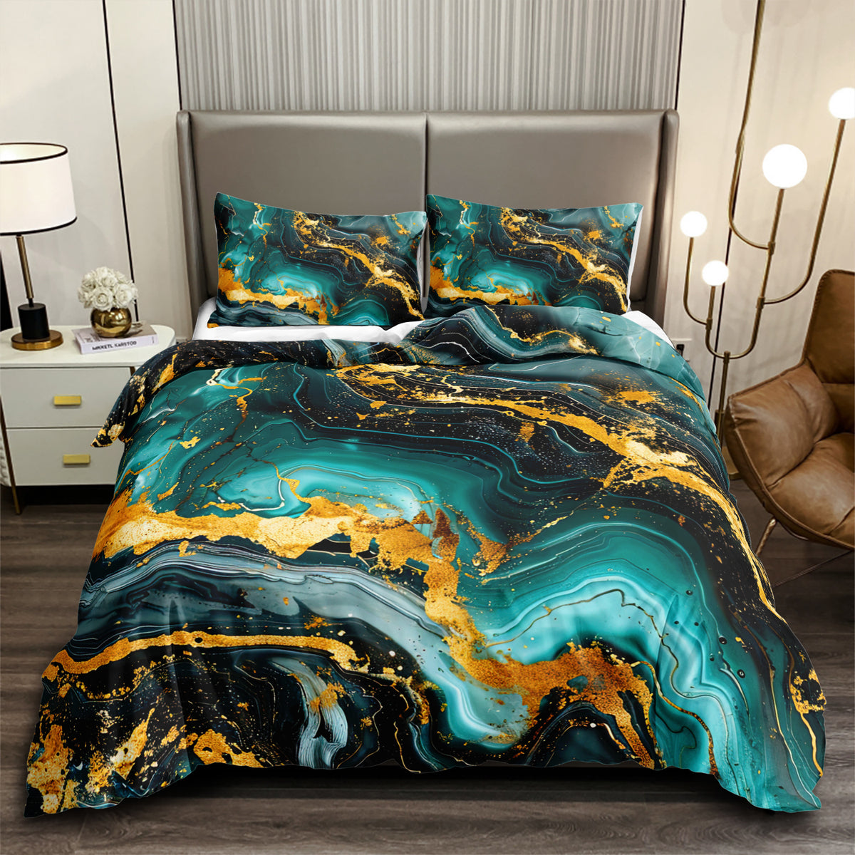 Black Teal and Gold Marble quilt cover set