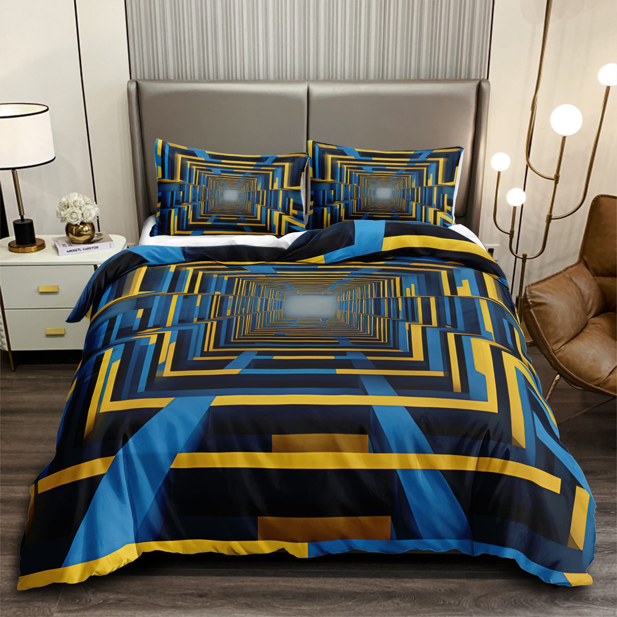 Blue and Yellow 3D Tunnel quilt cover set