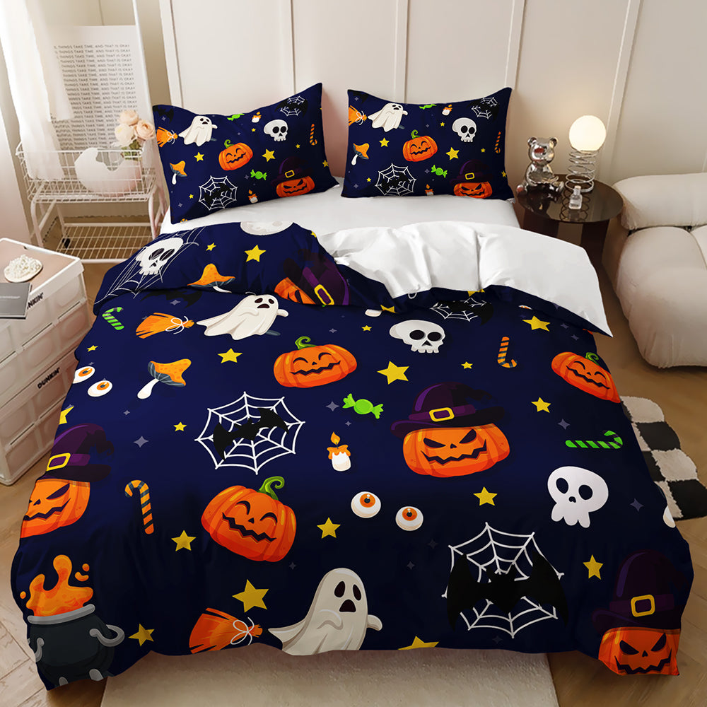 Navy Halloween pattern with pumpkins, ghosts, skulls and spiderwebs on a kids quilt cover set