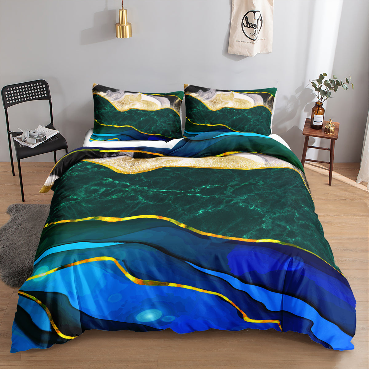 Emerald and Royal Blue Agate Marble quilt cover set
