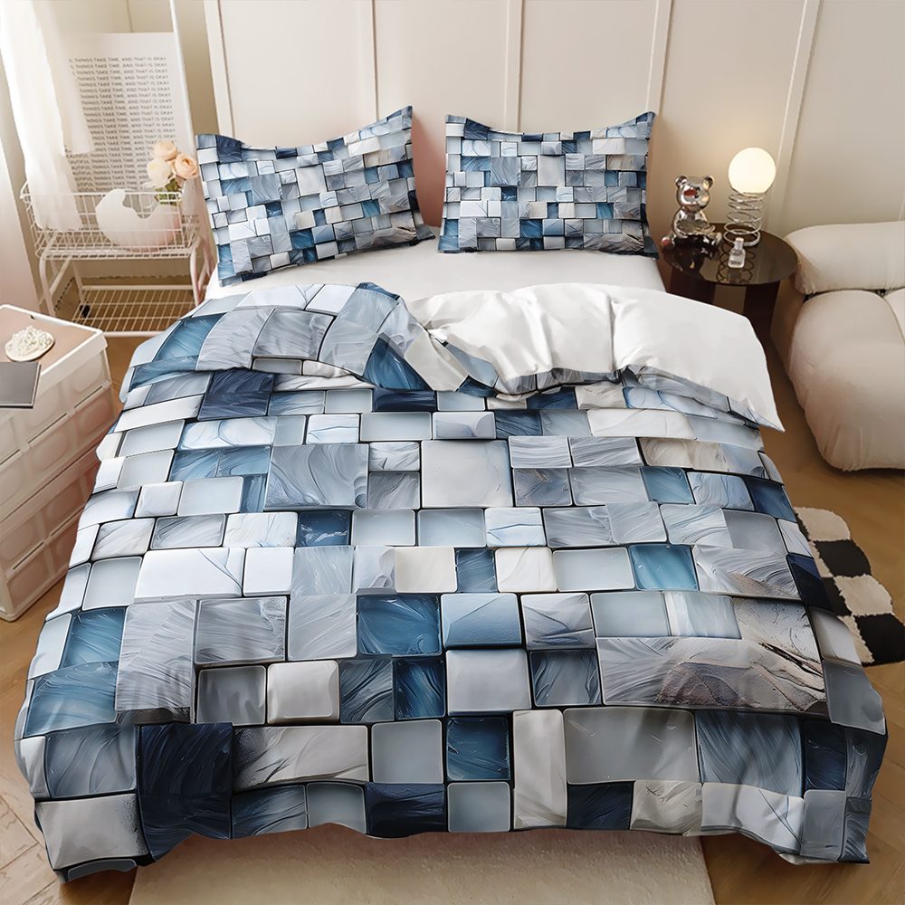 Grey 3D Blocks quilt cover set in Blue Grey