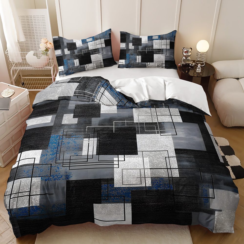 Grey and Blue Square Patchwork quilt cover set