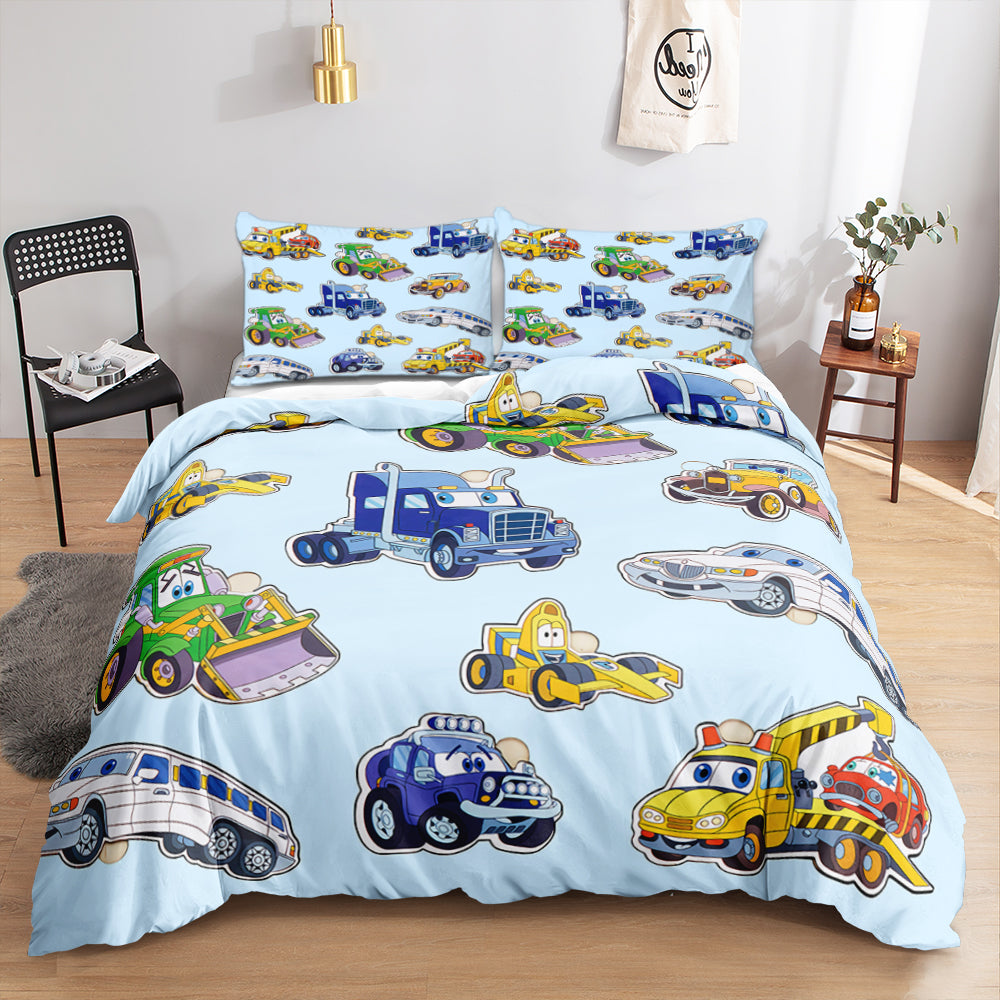 Smiling cartoon cars, trucks and bus on a pale blue kids quilt cover set