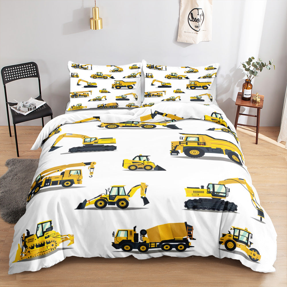 Yellow diggers, dump trucks and cement mixer on a white kids quilt cover set
