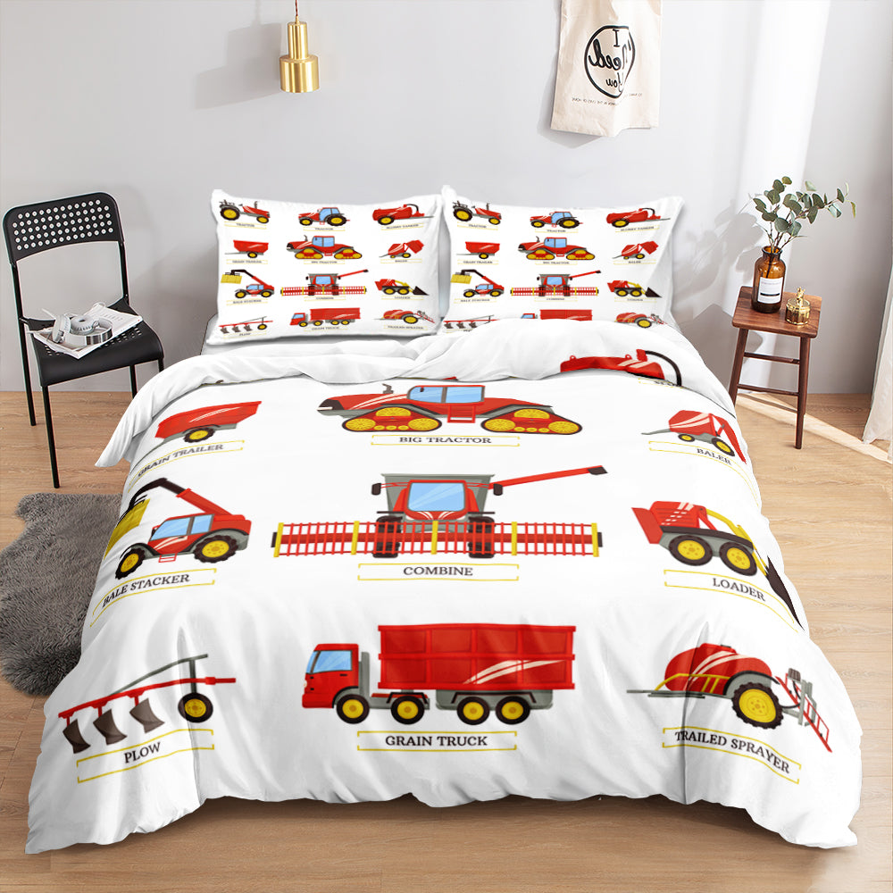 Red tractor, combine harvester and grain truck with labels on a white kids quilt cover set