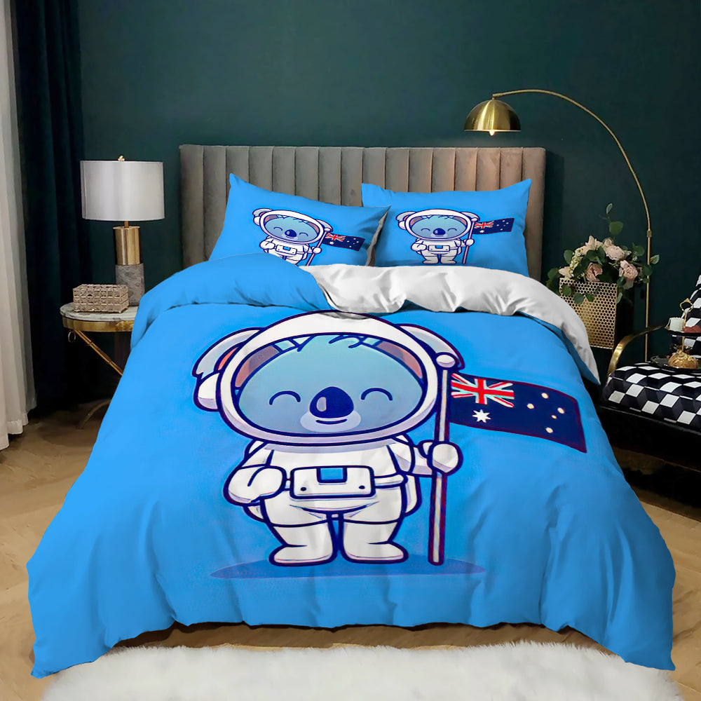 Cute koala astronaut holding the Australian flag on a blue kids quilt cover set