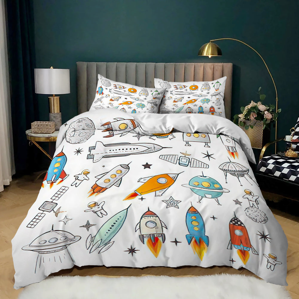 Hand-drawn rockets, UFOs and satellites on a white kids space quilt cover set