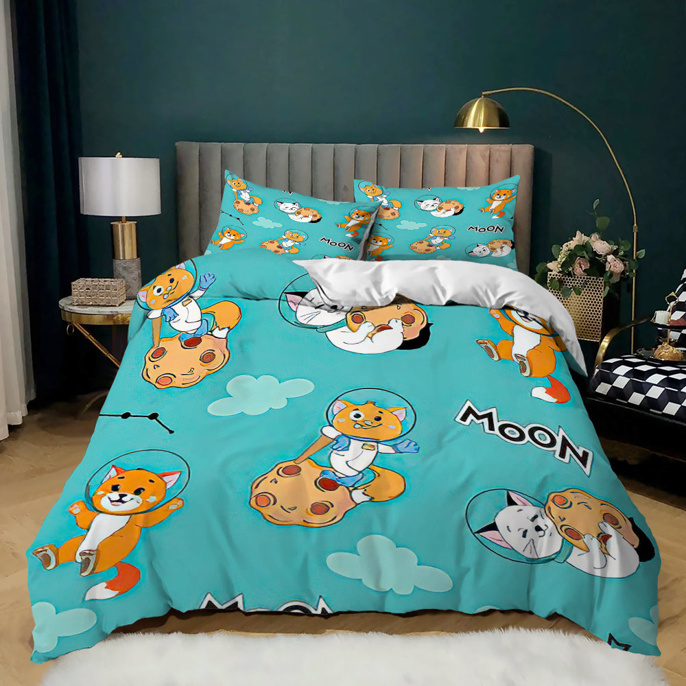 Cats in space helmets on moons with clouds on an aqua kids quilt cover set