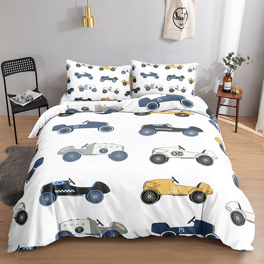 Vintage race cars in navy and gold on a white kids quilt cover set