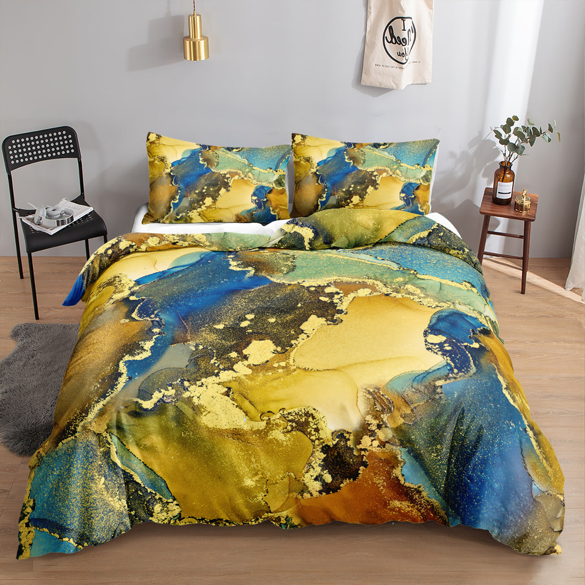 Mustard Gold and Blue Marble quilt cover set