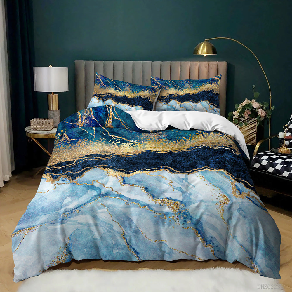 Navy and Ice Blue Gold Marble quilt cover set