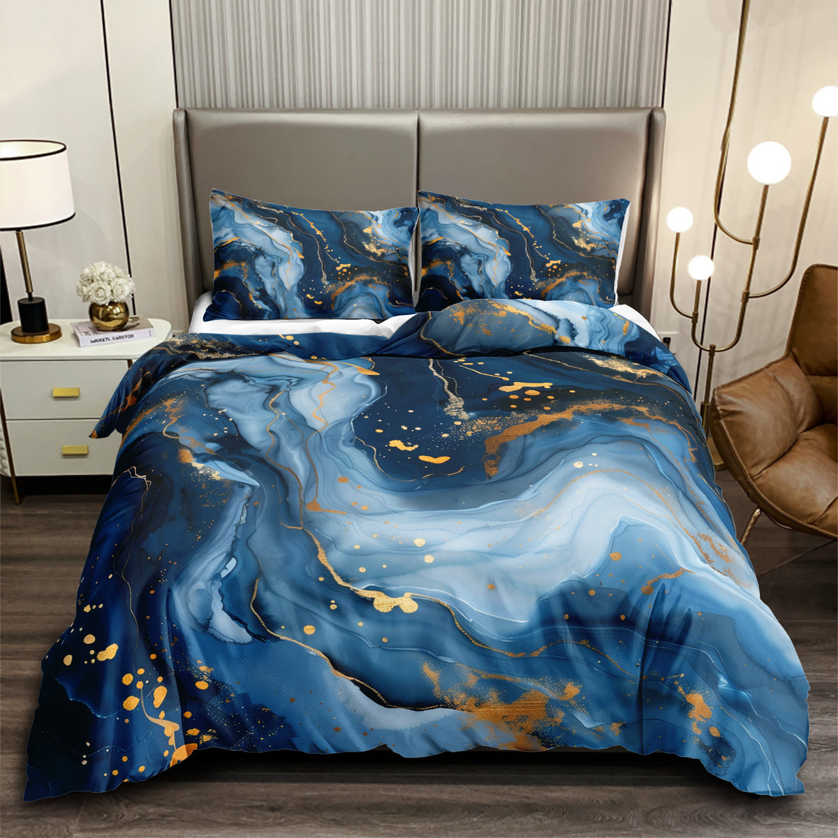 Navy Blue Gold Fleck Marble quilt cover set