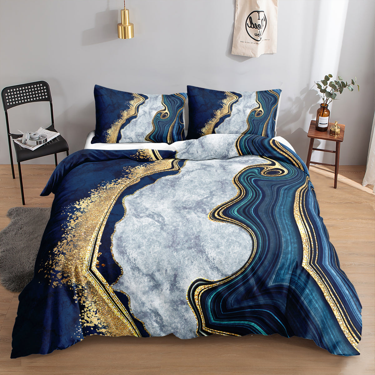 Navy Silver and Gold Agate Marble quilt cover set