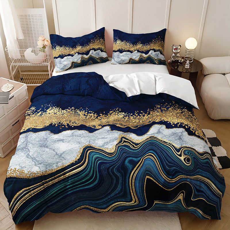 Navy White and Gold Agate Marble quilt cover set