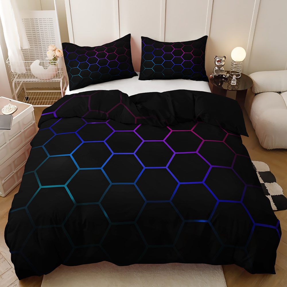 Neon Hexagon Outline quilt cover set in Purple Teal