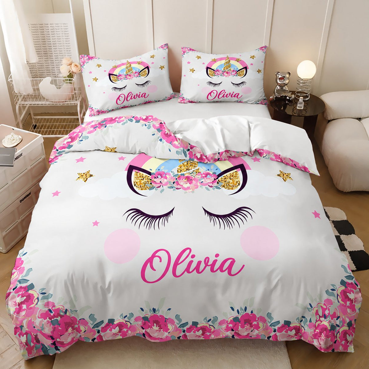 Personalised floral unicorn face quilt cover set with the name Olivia in pink script
