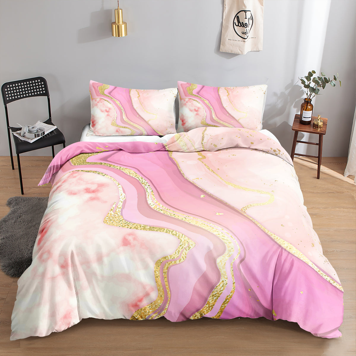 Pink and White Gold Marble quilt cover set