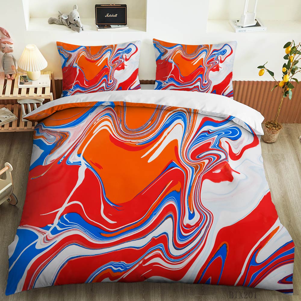 Red Orange and Blue Fluid Marble quilt cover set