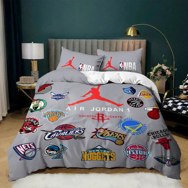 Gray NBA team logo quilt cover set with Air Jordan 1 design, featuring Houston Rockets, Lakers, Bulls & more