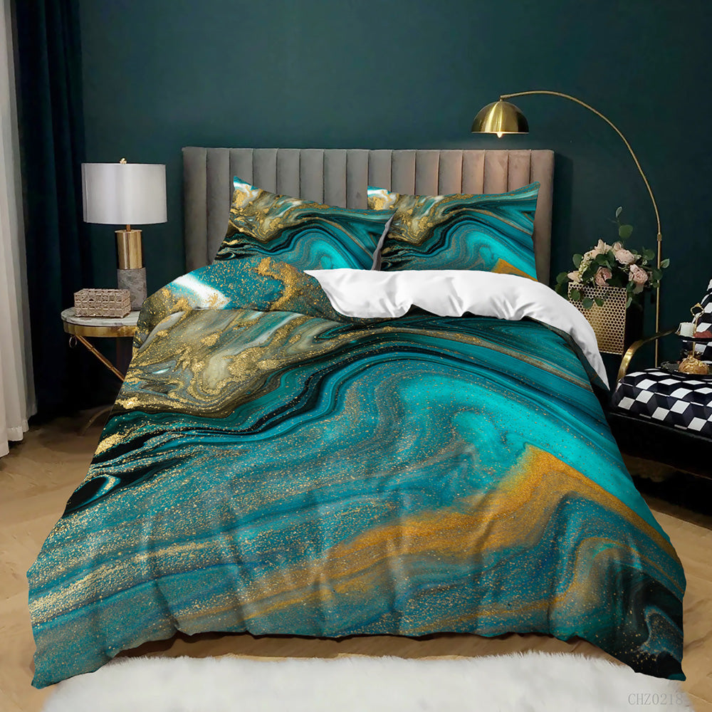 Teal and Gold Wave Marble quilt cover set