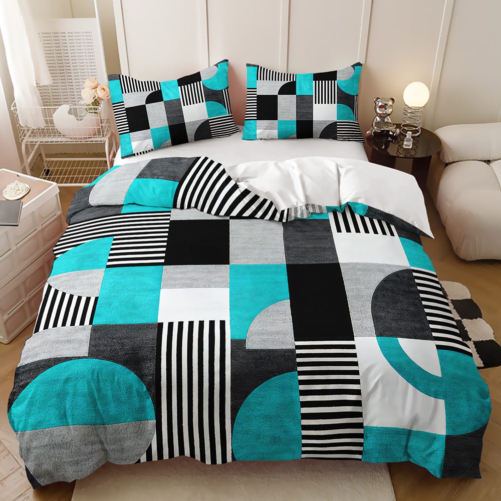 Teal Black and White Geometric quilt cover set