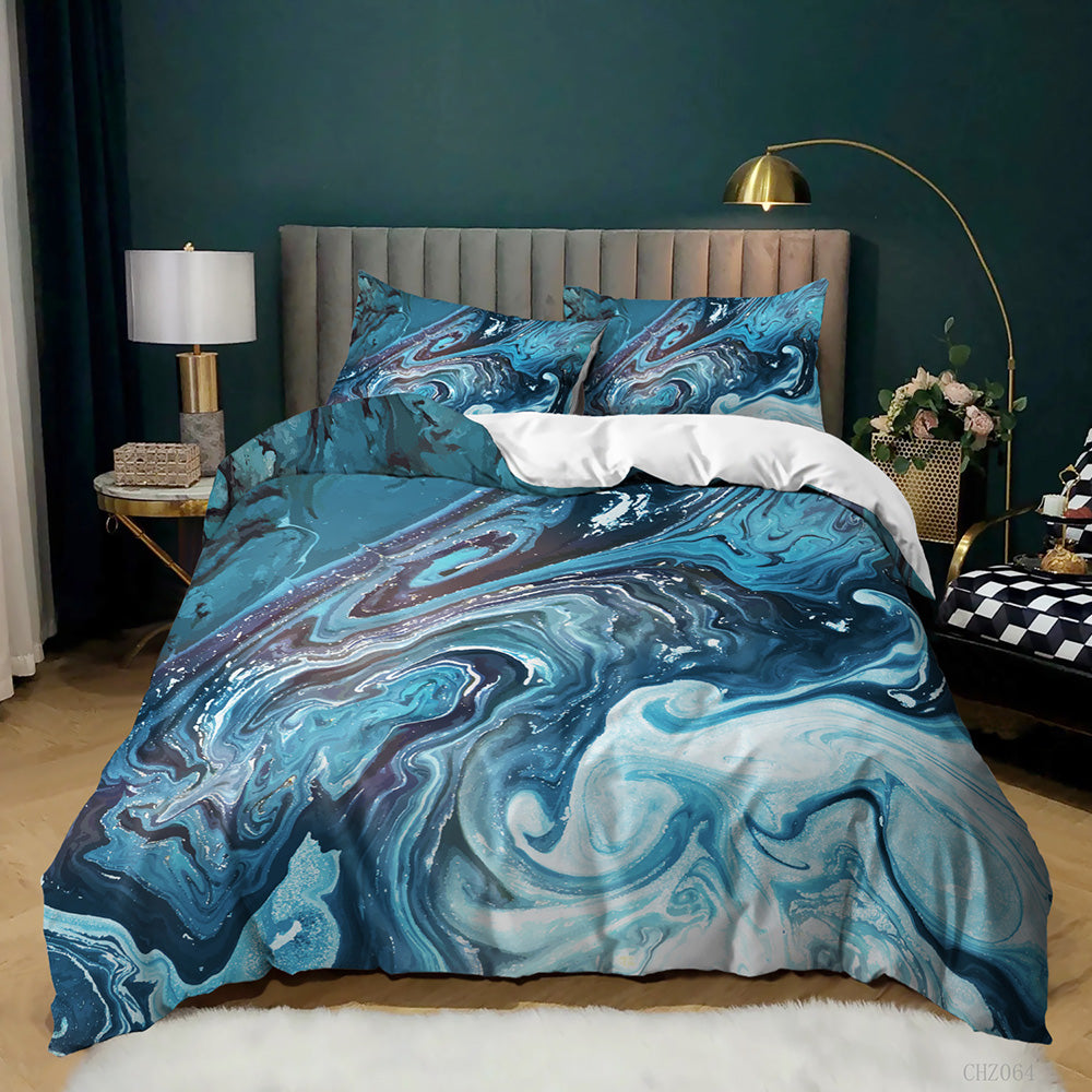 Teal Navy and White Swirl Marble quilt cover set