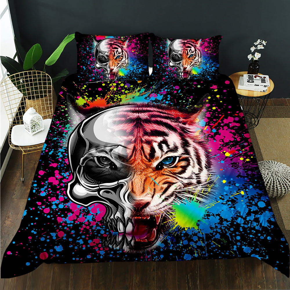 Half skull half tiger face with colourful paint splatter on a black quilt cover set