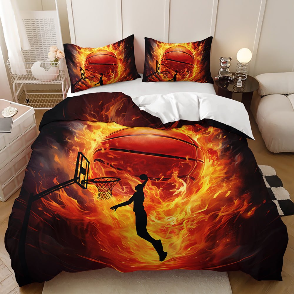 Kids sports quilt cover set with a flaming basketball