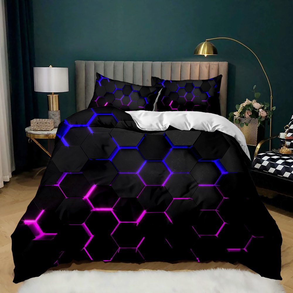 Neon hexagon glow quilt cover set in purple