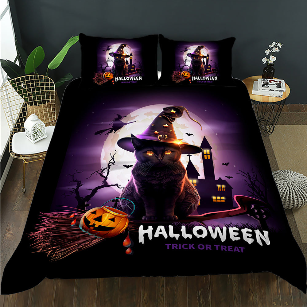 Halloween quilt cover set with a black cat in a witch hat and pumpkin