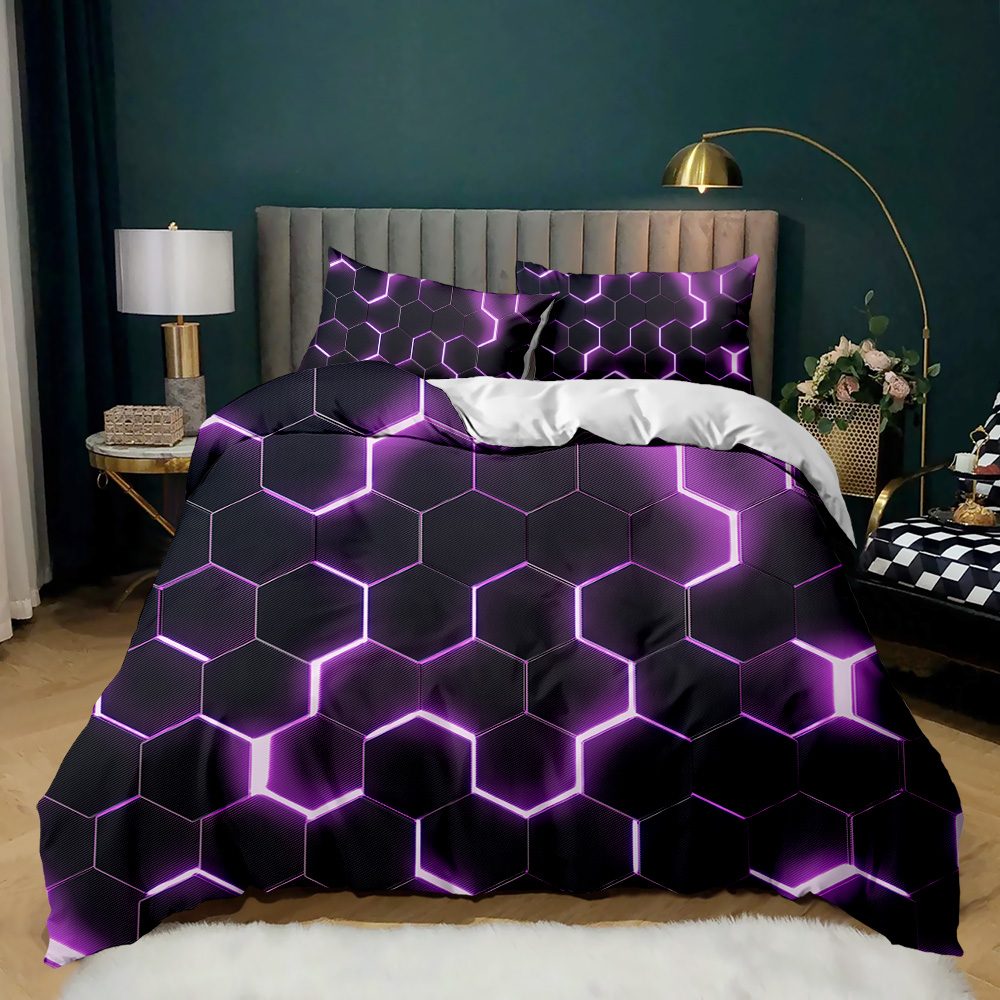 3D Glow Hexagon quilt cover set in Purple