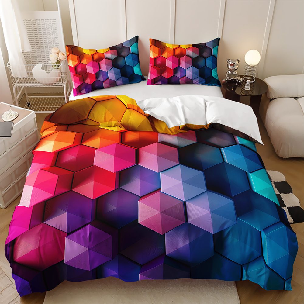 3D Rainbow Hexagon quilt cover set in Pink Purple
